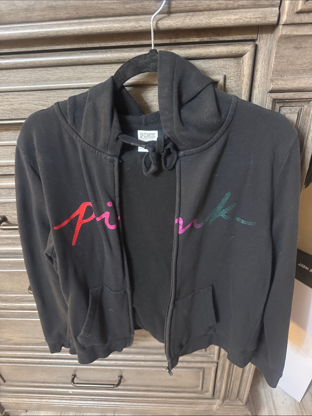 PINK Victoria's Secret Black Zip Hoodie & Campus Sweats with Multicolor Script